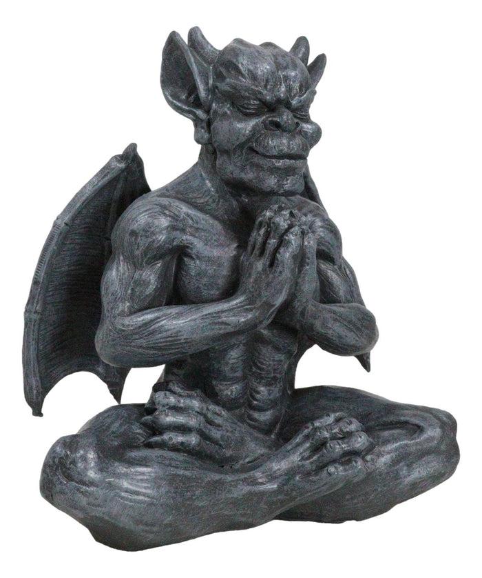 Sitting Stoic Horned Gargoyle With Wings In Yoga Meditation Lotus Pose Figurine