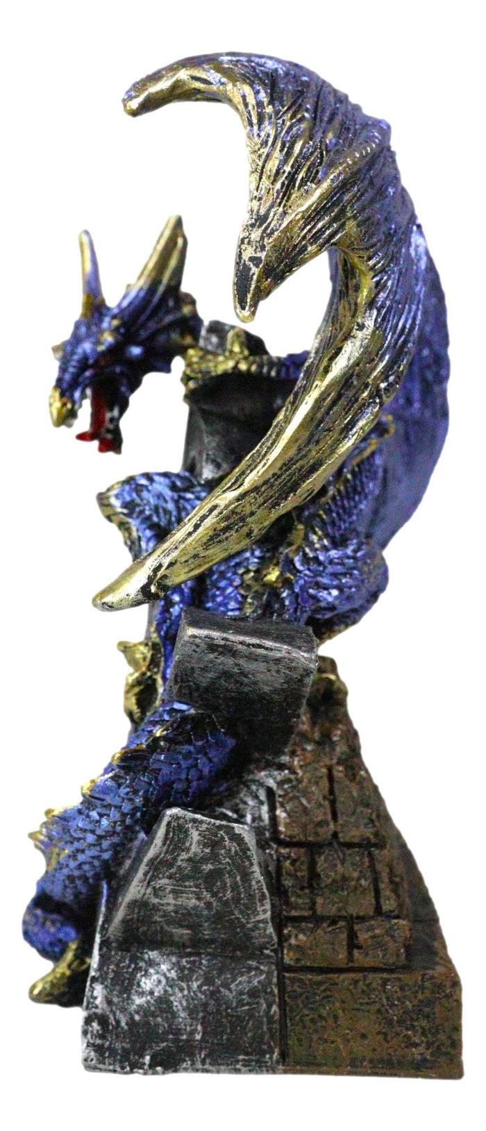 Sky Behemoth Blue And Gold Dragon Guarding Crescent Moon Pentagram Star Figurine
