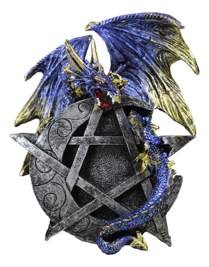 Sky Behemoth Blue And Gold Dragon Guarding Crescent Moon Pentagram Star Figurine