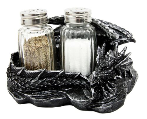 Sleeping Dragon Glass Salt And Pepper Shaker Set With Decorative Holder Display