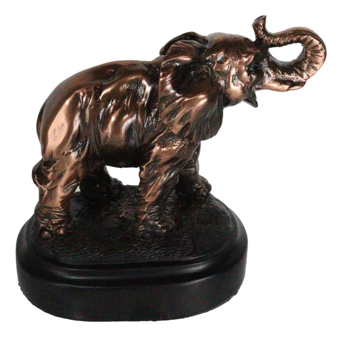 Small African Elephant Calf With Trunk Raised Bronzed Resin Figurine On Base