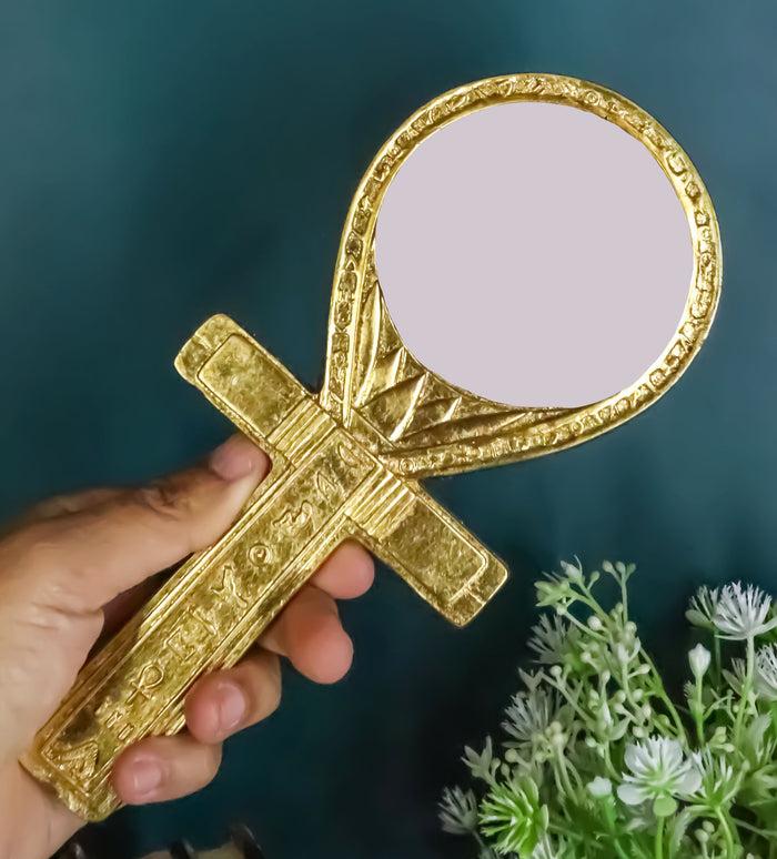 Small Crux Ansata Egyptian Golden Ankh Djed Hand Mirror Figurine 8.25"H New Age