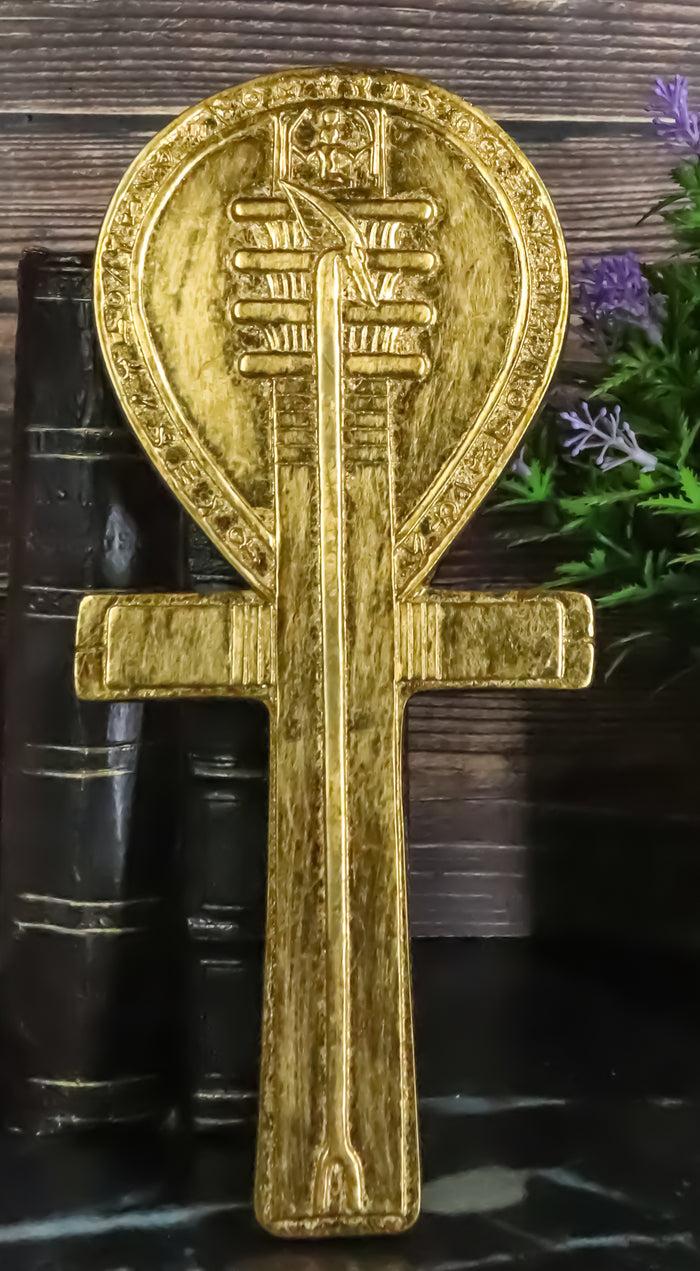 Small Crux Ansata Egyptian Golden Ankh Djed Hand Mirror Figurine 8.25"H New Age