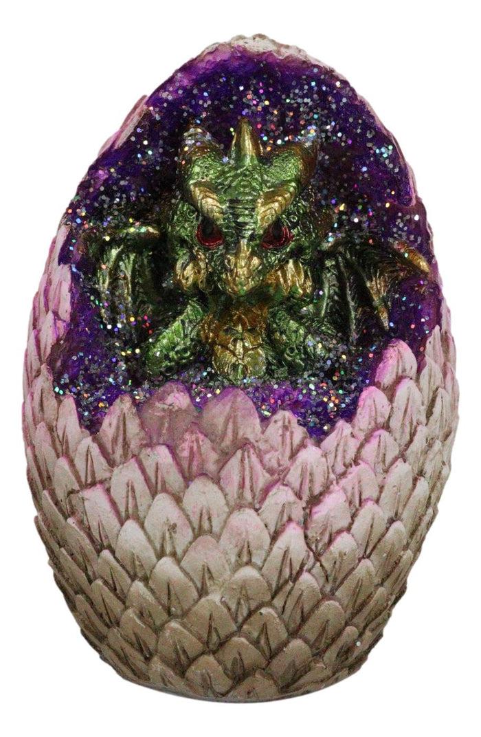 Small Green Sulking Baby Dragon In Colorful LED Light Faux Crystal Geode Egg