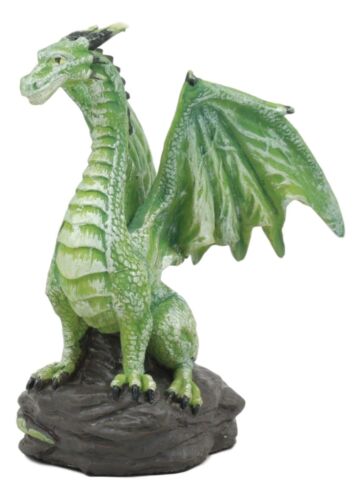 Small Green Whimsical Dragon On Volcanic Rock Statue 4"Tall Prehistoric Dinosaur
