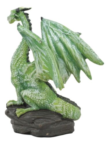 Small Green Whimsical Dragon On Volcanic Rock Statue 4"Tall Prehistoric Dinosaur