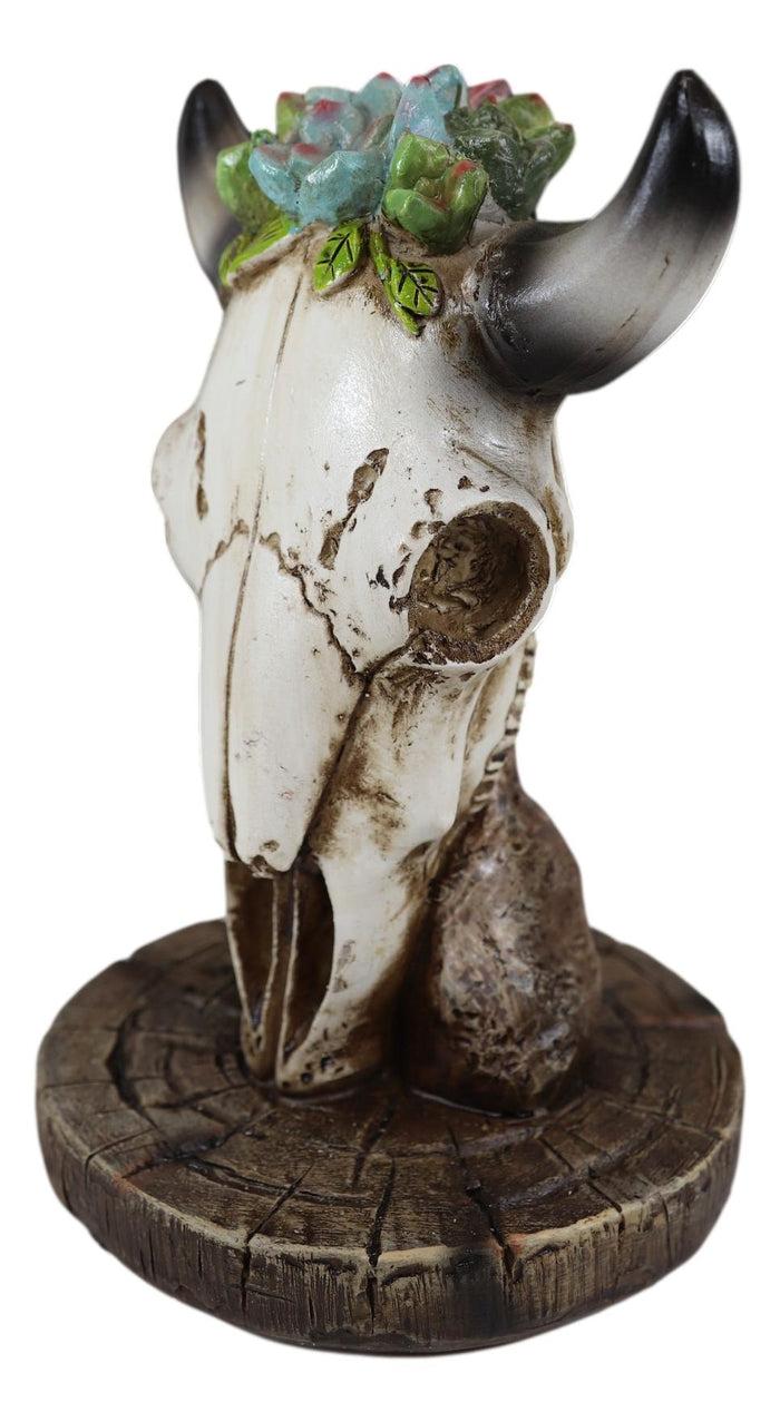 Southwest Aged Bone Bull Cow Steer Head Skull With Floral Succulents Sculpture