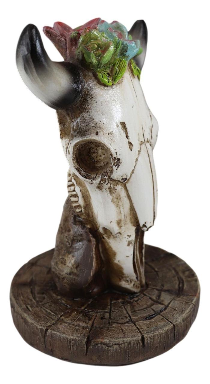 Southwest Aged Bone Bull Cow Steer Head Skull With Floral Succulents Sculpture