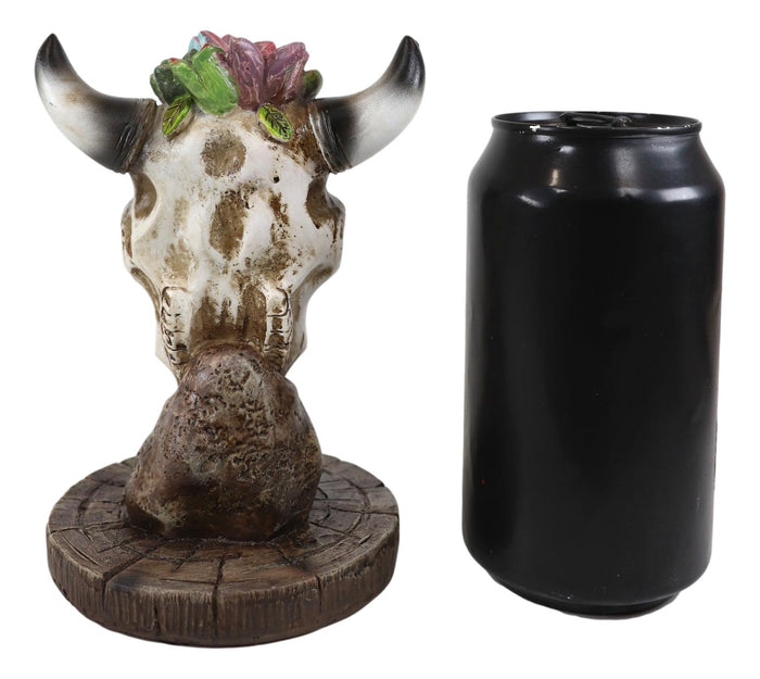 Southwest Aged Bone Bull Cow Steer Head Skull With Floral Succulents Sculpture