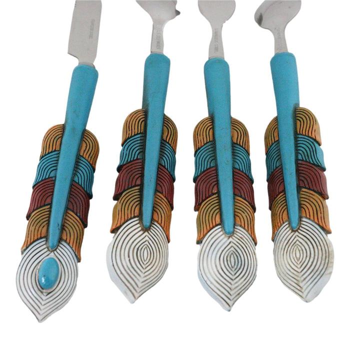 Southwest Chic Indian Turquoise Feather Flatware 1 Spoon Teaspoon Fork Knife Set