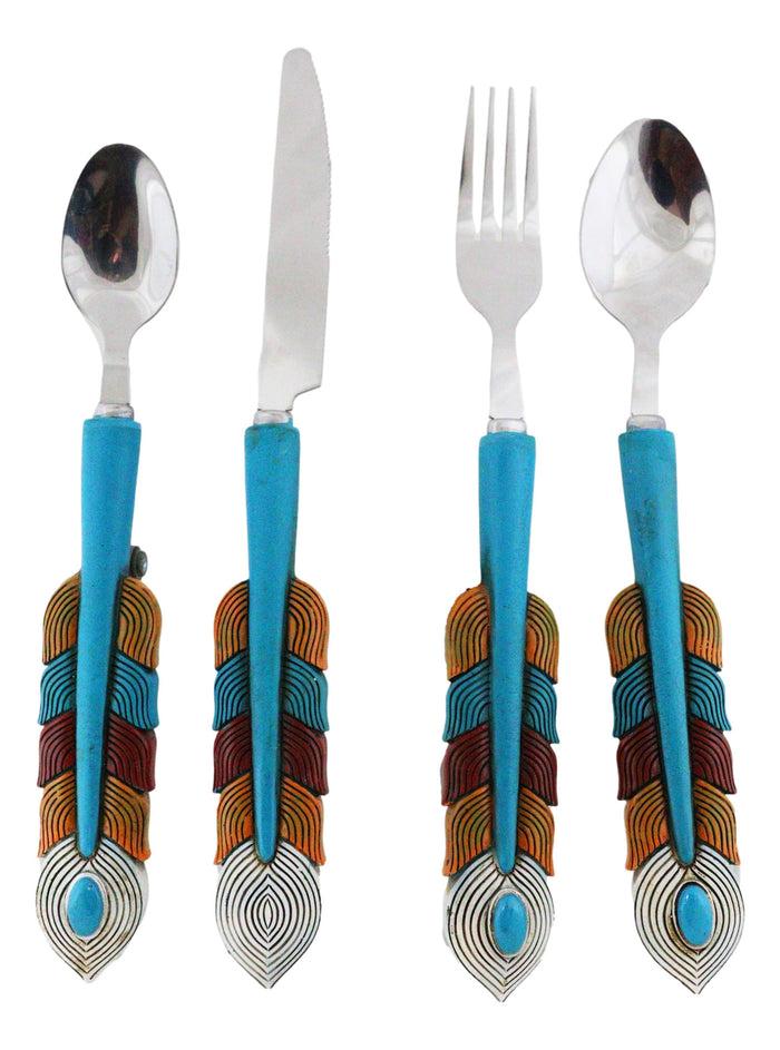 Southwest Chic Indian Turquoise Feather Flatware 4 Spoon Teaspoon Fork Knife Set
