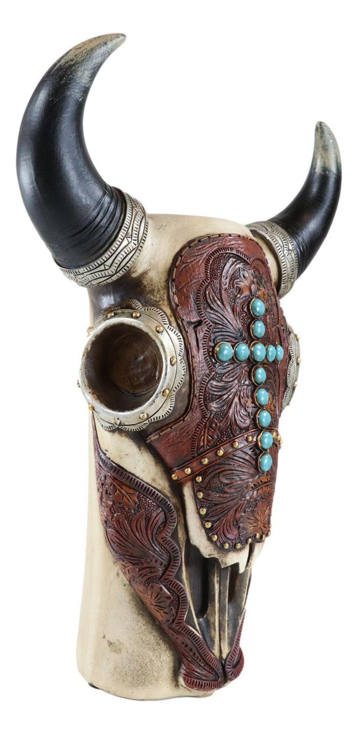 Southwest Cow Skull With Tooled Leather Mask And Turquoise Cross Vase Figurine