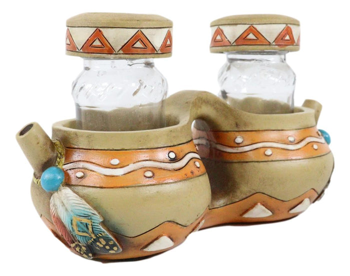 Southwest Indian Turquoise Feathers Pottery Jars Salt And Pepper Shakers Holder