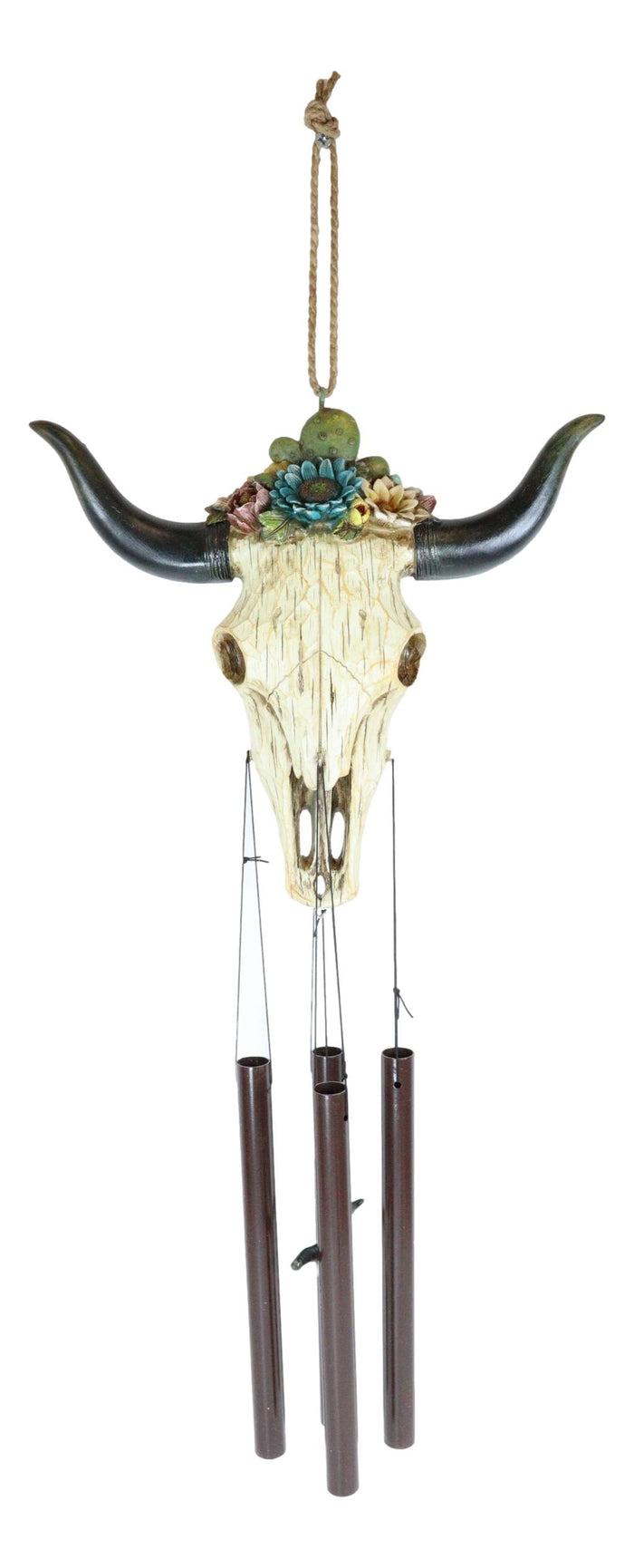 Southwest Rustic White Faux Wood Cow Skull With Floral Succulents Wind Chime