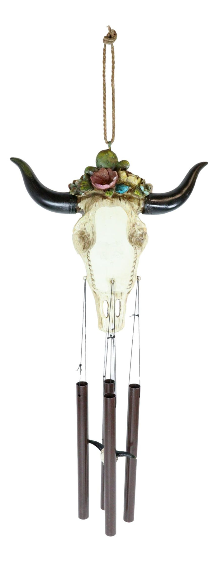 Southwest Rustic White Faux Wood Cow Skull With Floral Succulents Wind Chime