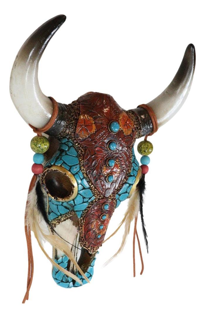 Southwest Tooled Leather Cow Skull With Turquoise Gems And Feathers Wall Decor