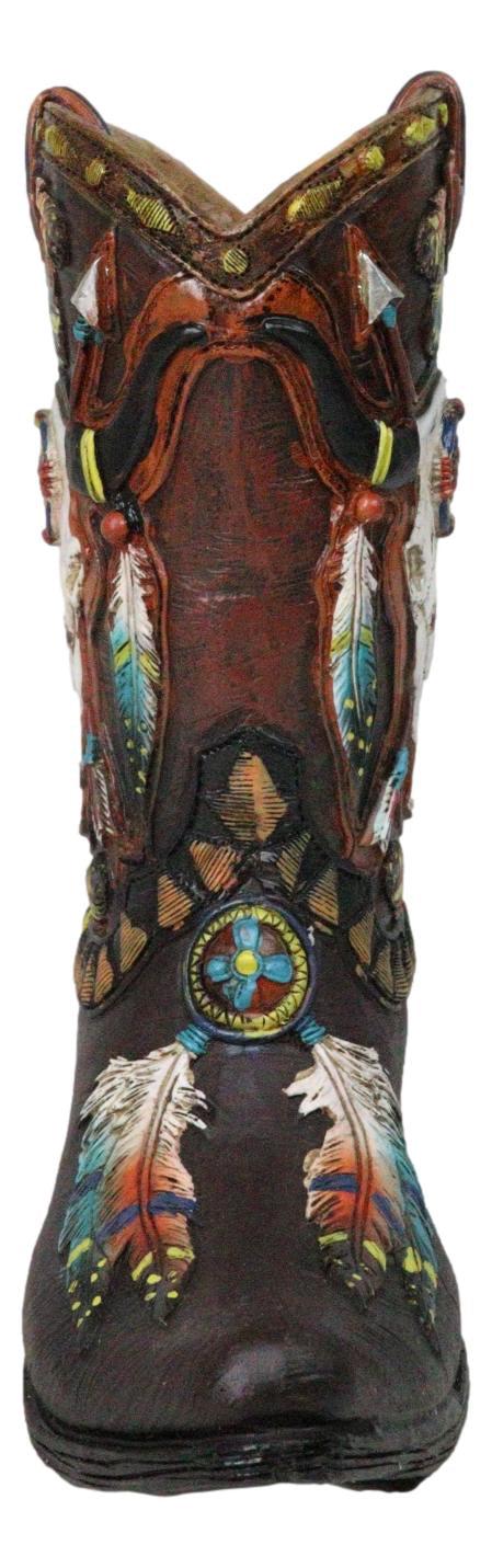 Southwest Turquoise Feathers Cow Skull Crossed Arrows Cowboy Boot Vase Holder