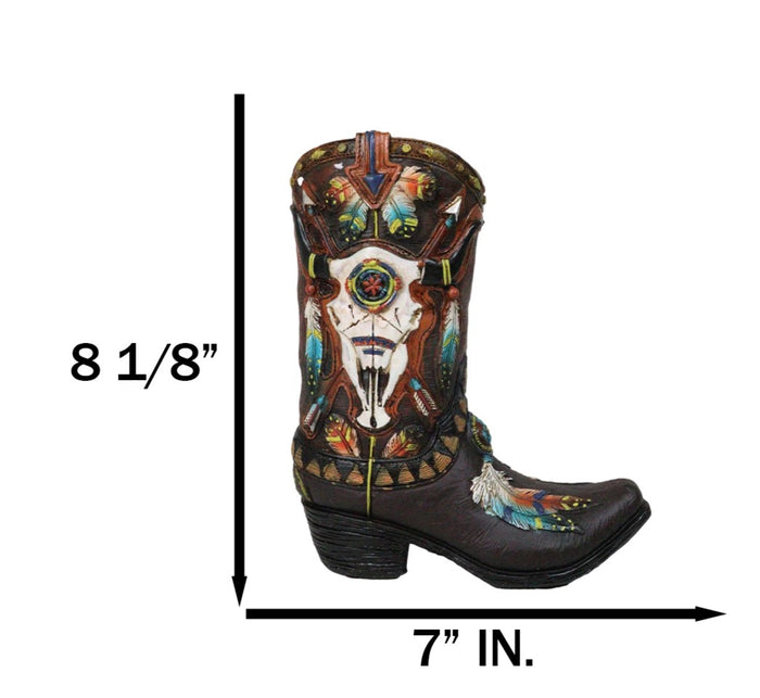 Southwest Turquoise Feathers Cow Skull Crossed Arrows Cowboy Boot Vase Holder