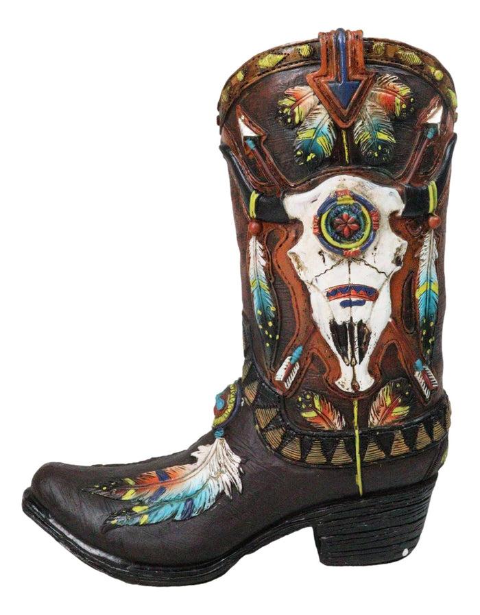 Southwest Turquoise Feathers Cow Skull Crossed Arrows Cowboy Boot Vase Holder