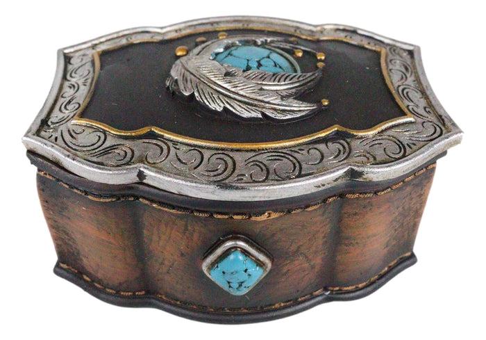Southwest Turquoise Rocks Indian Feathers Tooled Leather Decorative Jewelry Box
