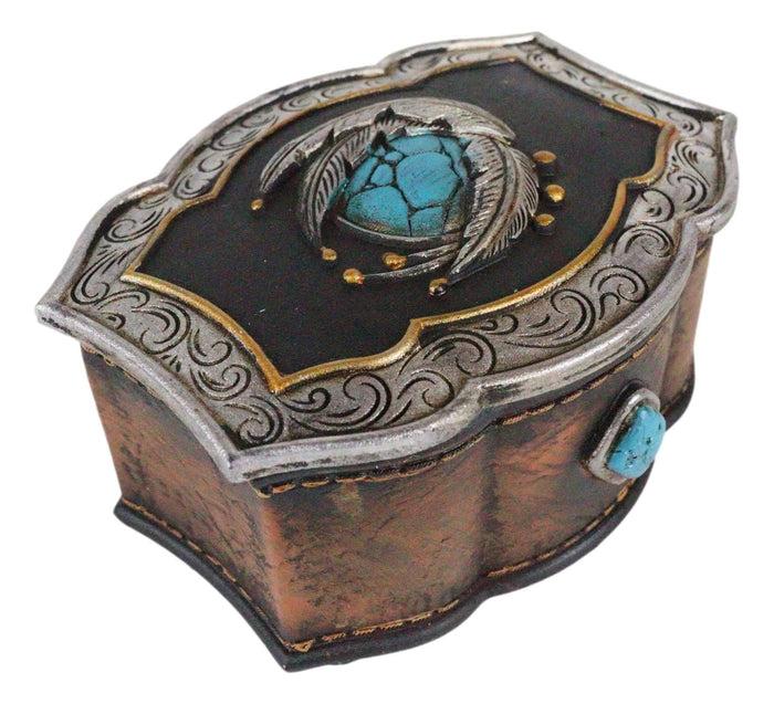 Southwest Turquoise Rocks Indian Feathers Tooled Leather Decorative Jewelry Box