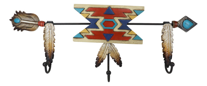 Southwestern Boho Chic Aztec Turquoise Arrow Feathers 3-Pegs Wall Hooks Decor