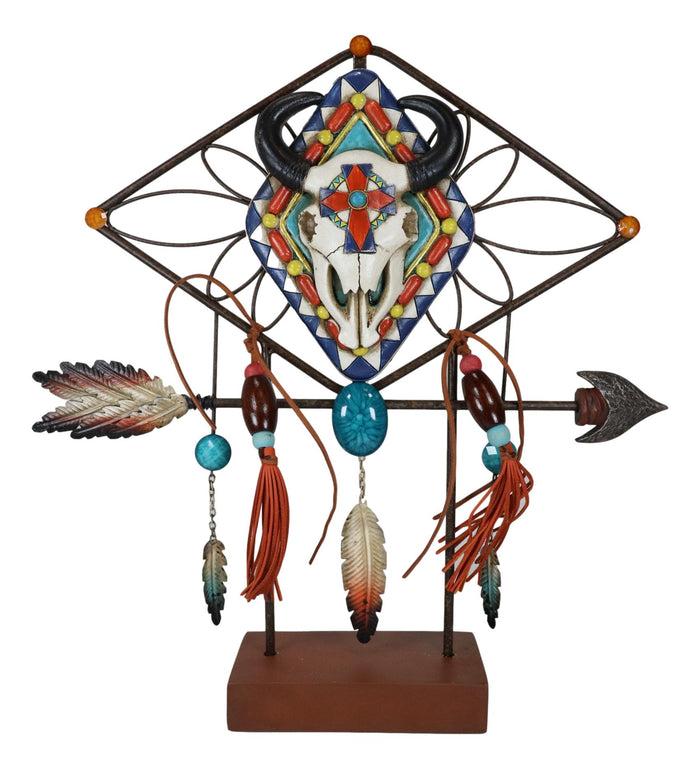 Southwestern Boho Cow Skull Arrow Dreamcatcher Feathers Desktop Plaque Figurine