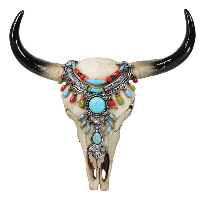 Southwestern Buffalo Cow Skull With Turquoise Silver Face Jewelry Wall Decor Southwestern Buffalo Cow Skull With Turquoise Silver Face Jewelry Wall Decor
