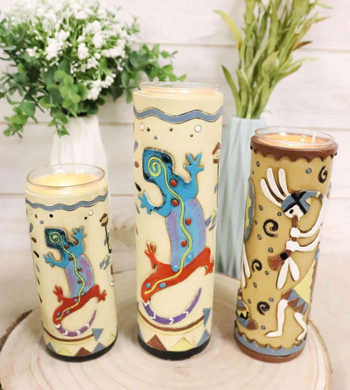 Southwestern Colorful Kokopelli God And Lizards Votive Candle Holders Set Of 3