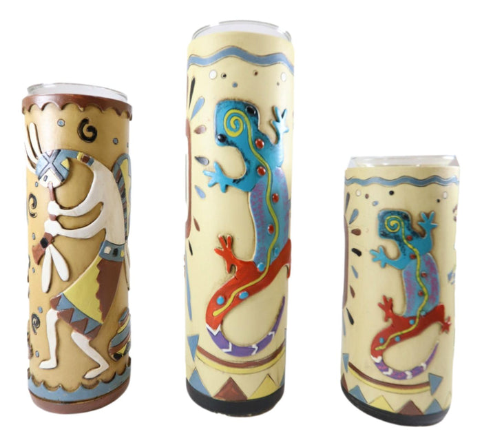 Southwestern Colorful Kokopelli God And Lizards Votive Candle Holders Set Of 3