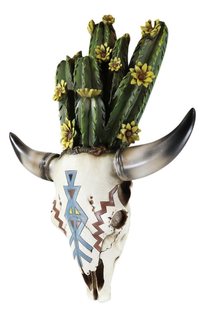 Southwestern Cow Skull With Cactus Blooms And Tribal Arrow Symbols Wall Decor