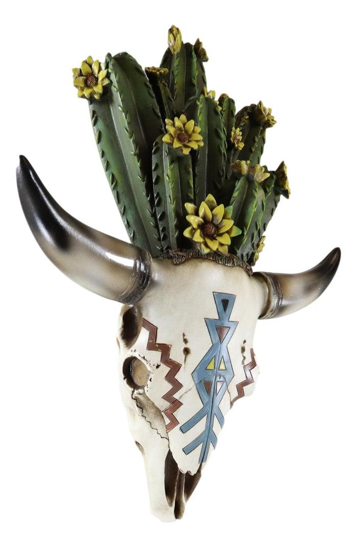 Southwestern Cow Skull With Cactus Blooms And Tribal Arrow Symbols Wall Decor