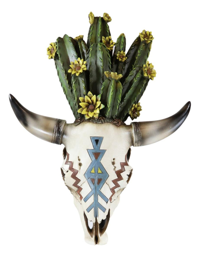 Southwestern Cow Skull With Cactus Blooms And Tribal Arrow Symbols Wall Decor