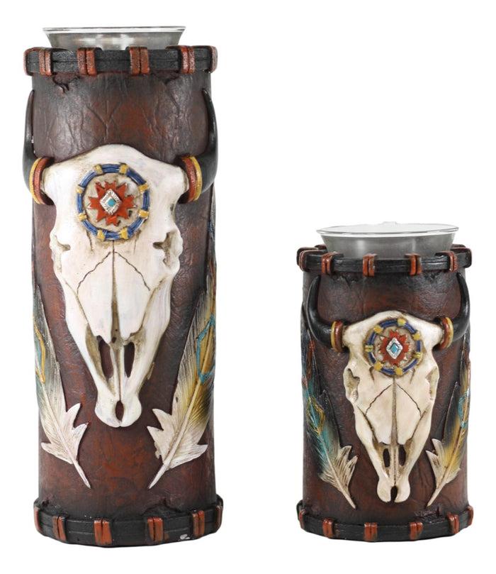 Southwestern Dreamcatcher Feathers And Bison Skull Votive Candle Holders Set