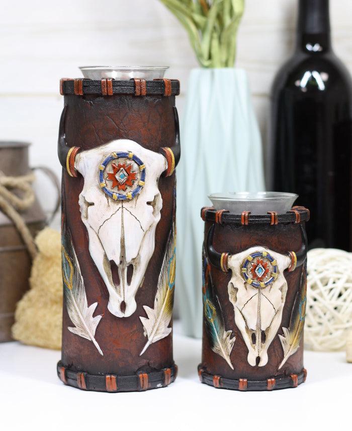 Southwestern Dreamcatcher Feathers And Bison Skull Votive Candle Holders Set