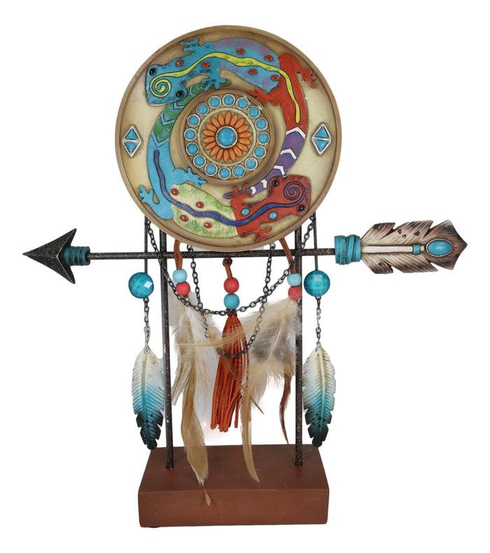 Southwestern Gecko Lizards Arrow Dreamcatcher Feathers Desktop Plaque Figurine