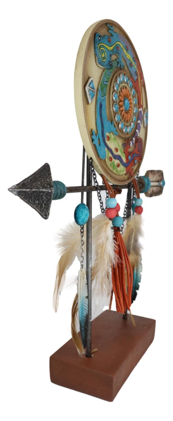 Southwestern Gecko Lizards Arrow Dreamcatcher Feathers Desktop Plaque Figurine