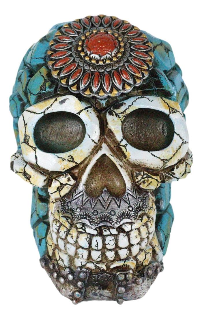 Southwestern Indian Boho Chic Aztec Sun Turquoise And Red Gems Skull Figurine