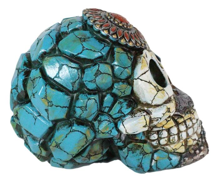 Southwestern Indian Boho Chic Aztec Sun Turquoise And Red Gems Skull Figurine
