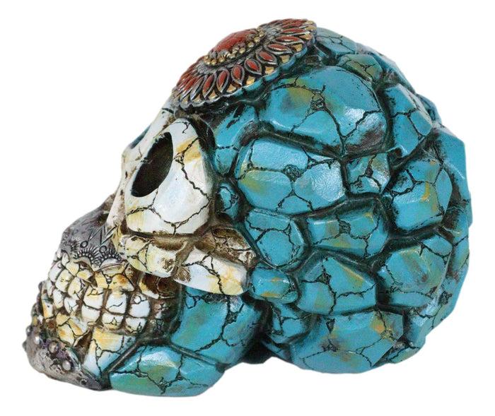 Southwestern Indian Boho Chic Aztec Sun Turquoise And Red Gems Skull Figurine
