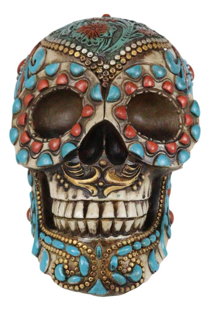 Southwestern Indian Boho Chic Aztec Tooled Skull With Turquoise And Red Stones