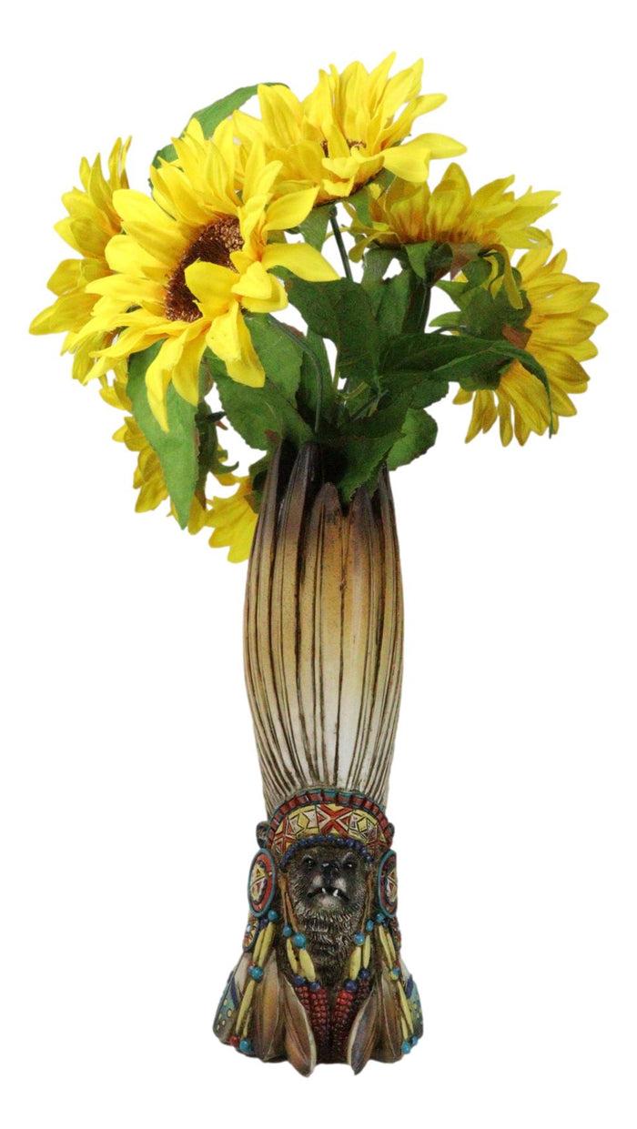 Southwestern Native American Alpha Wolf Chieftain With Roach Headdress Vase
