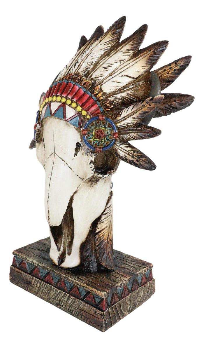Southwestern Native Indian Cow Skull With Tribal Chief Roach Headdress Figurine
