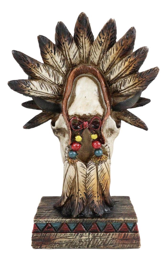 Southwestern Native Indian Cow Skull With Tribal Chief Roach Headdress Figurine