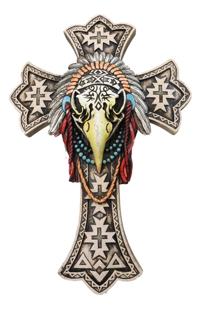Southwestern Rustic Native Tribal Raven Crow Skull Headdress Roach Wall Cross