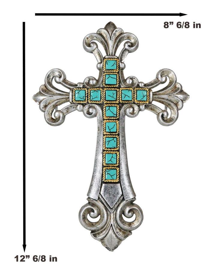 Southwestern Silver Tuscan Fleur De Lis Scrollwork Turquoise Rocks Wall Cross