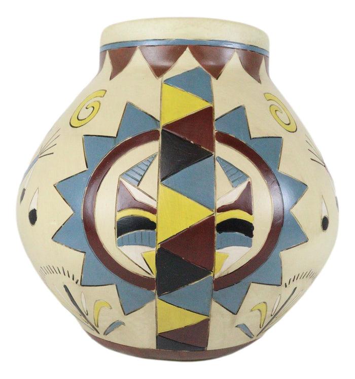 Southwestern Tribal Aztec Mayan God Symbol Feathers Floral Vase Sculpture Decor