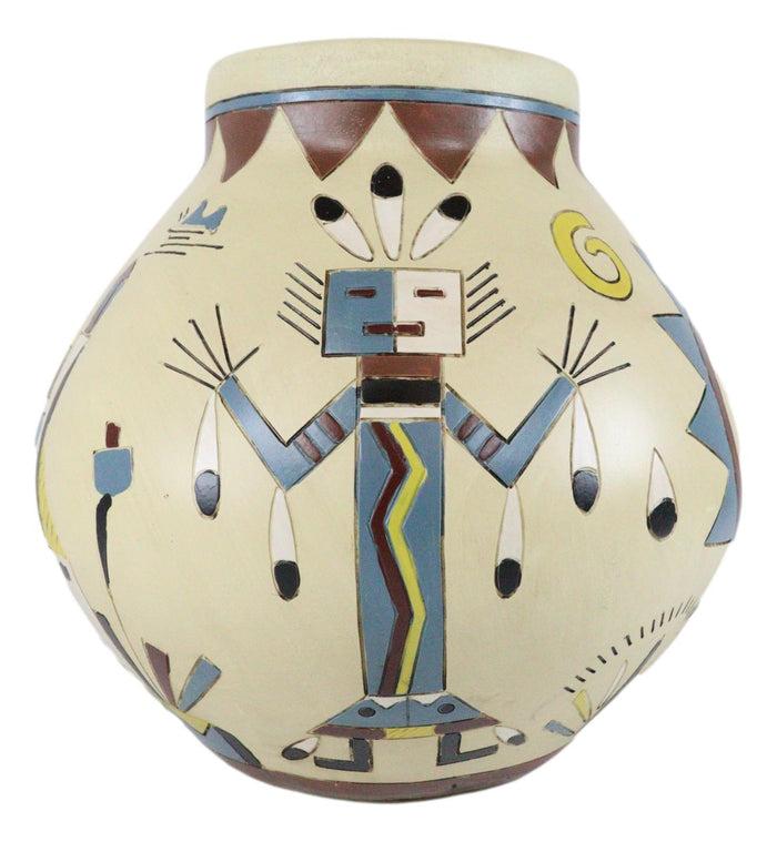 Southwestern Tribal Aztec Mayan God Symbol Feathers Floral Vase Sculpture Decor
