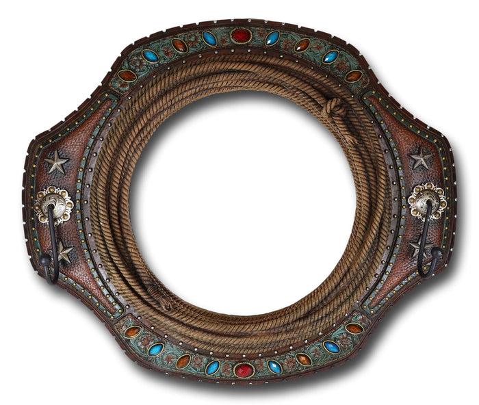 Southwestern Turquoise Beaded Western Lasso Ropes Stars Wall Mirror With 2 Hooks