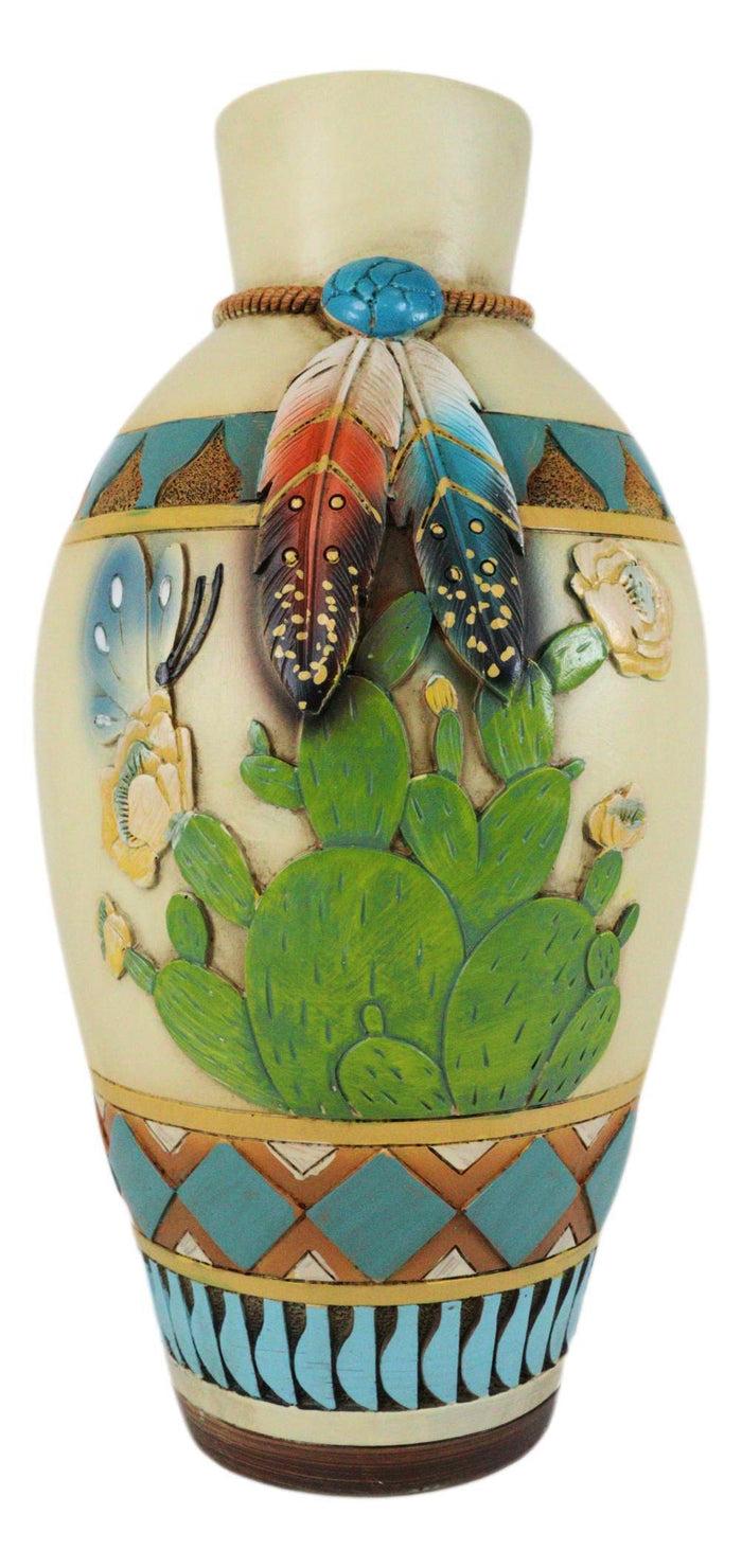Southwestern Turquoise Rock Dreamcatcher Feathers Cactus Floral Vase Sculpture